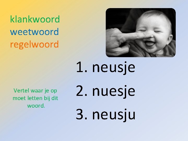 klankwoord weetwoord regelwoord Vertel waar je op moet letten bij dit woord. 1. neusje