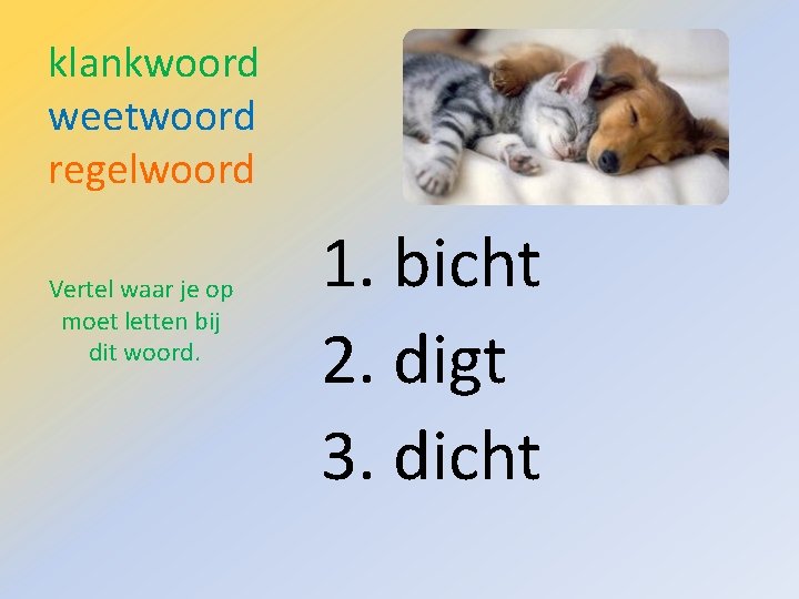 klankwoord weetwoord regelwoord Vertel waar je op moet letten bij dit woord. 1. bicht