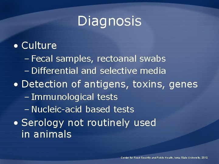Diagnosis • Culture – Fecal samples, rectoanal swabs – Differential and selective media •