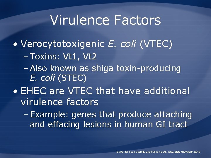 Virulence Factors • Verocytotoxigenic E. coli (VTEC) – Toxins: Vt 1, Vt 2 –