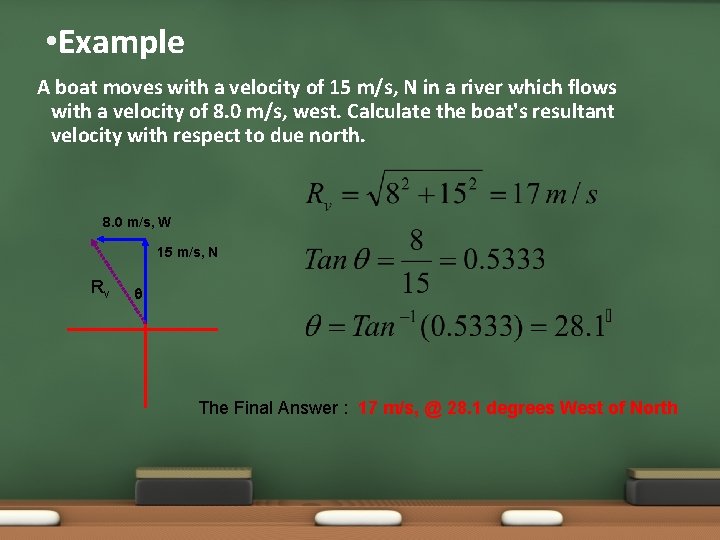  • Example A boat moves with a velocity of 15 m/s, N in