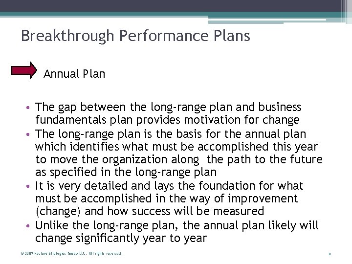 Breakthrough Performance Plans Annual Plan • The gap between the long-range plan and business