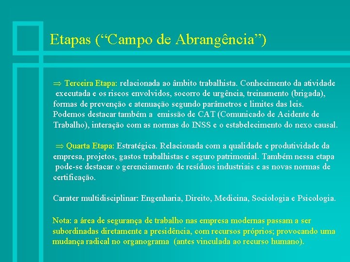 Etapas (“Campo de Abrangência”) Terceira Etapa: relacionada ao âmbito trabalhista. Conhecimento da atividade executada