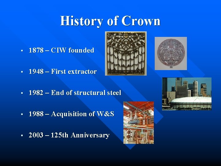 History of Crown § 1878 – CIW founded § 1948 – First extractor §