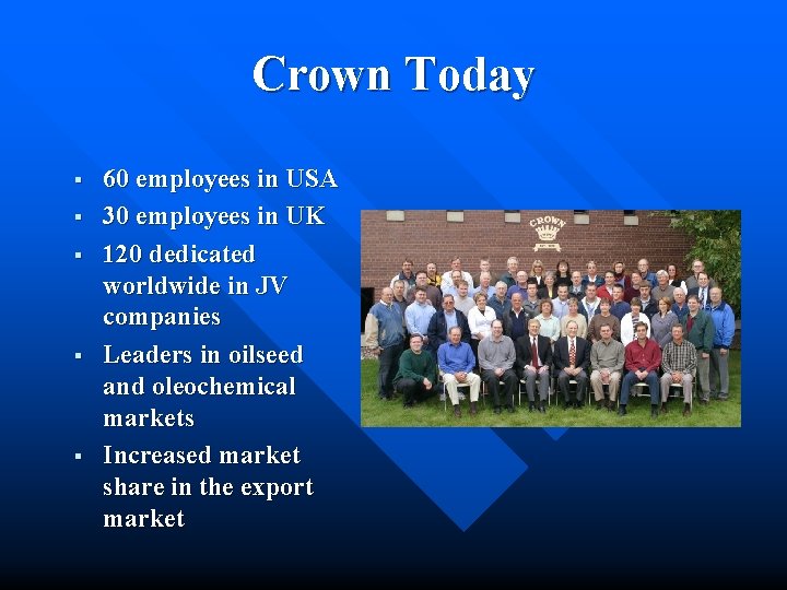 Crown Today § § § 60 employees in USA 30 employees in UK 120