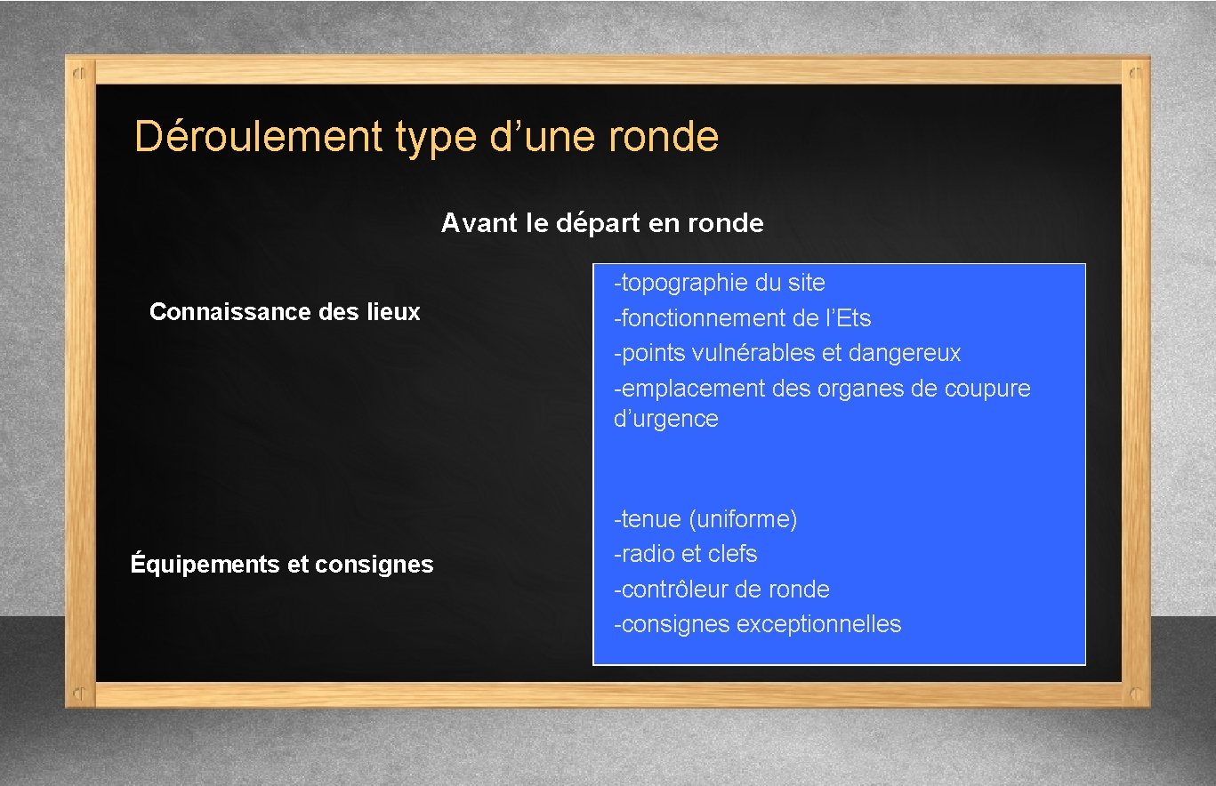 Déroulement type d’une ronde Avant le départ en ronde Connaissance des lieux Équipements et Déroulement type d’une ronde Avant le départ en ronde Connaissance des lieux Équipements et