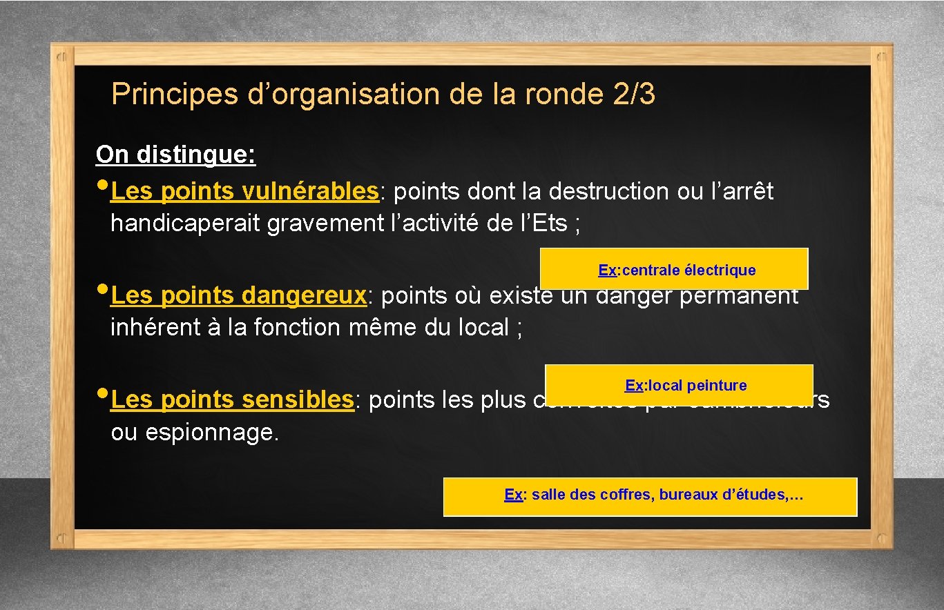 Principes d’organisation de la ronde 2/3 On distingue: Les points vulnérables: points dont la