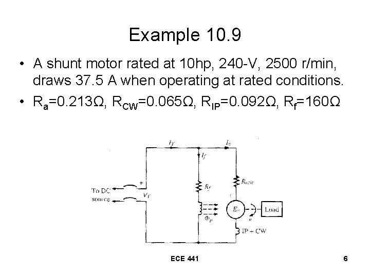 Example 10. 9 • A shunt motor rated at 10 hp, 240 -V, 2500
