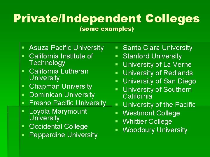 Private/Independent Colleges (some examples) § Asuza Pacific University § California Institute of Technology §