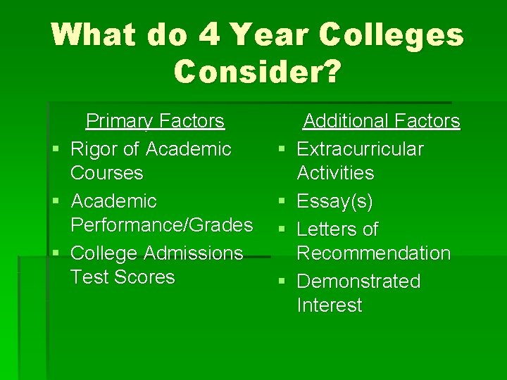 What do 4 Year Colleges Consider? § § § Primary Factors Rigor of Academic