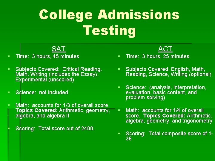 College Admissions Testing SAT ACT § Time: 3 hours, 45 minutes § Time: 3