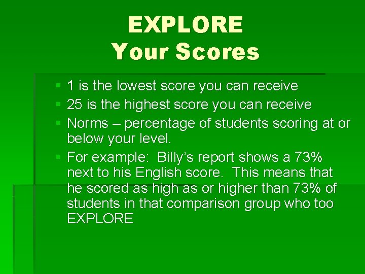 EXPLORE Your Scores § 1 is the lowest score you can receive § 25