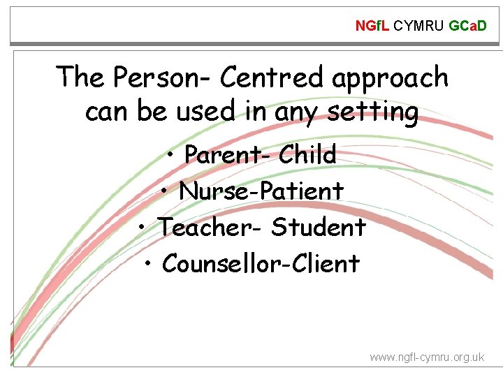 NGf. L CYMRU GCa. D The Person- Centred approach can be used in any