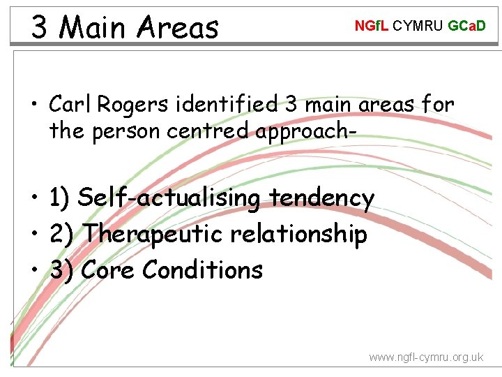 3 Main Areas NGf. L CYMRU GCa. D • Carl Rogers identified 3 main