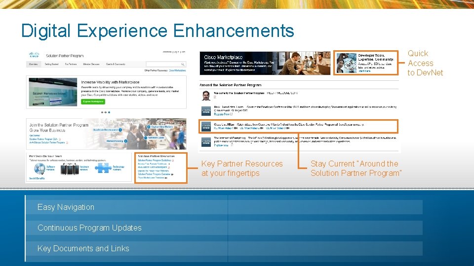 Digital Experience Enhancements Quick Access to Dev. Net Key Partner Resources at your fingertips Digital Experience Enhancements Quick Access to Dev. Net Key Partner Resources at your fingertips