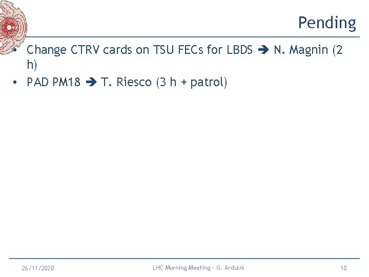 Pending • Change CTRV cards on TSU FECs for LBDS N. Magnin (2 h) Pending • Change CTRV cards on TSU FECs for LBDS N. Magnin (2 h)