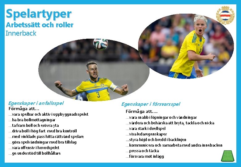 Spelartyper Arbetssätt och roller Innerback Egenskaper i anfallsspel Förmåga att… …vara spelbar och aktiv