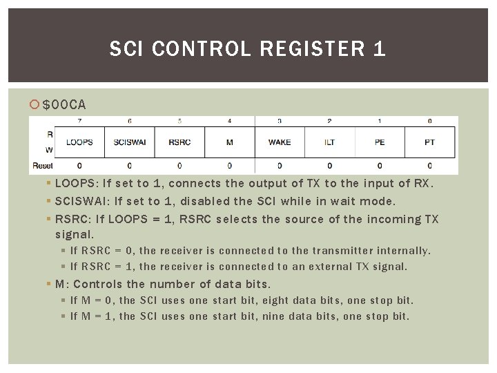 SCI CONTROL REGISTER 1 $00 CA § LOOPS: If set to 1, connects the