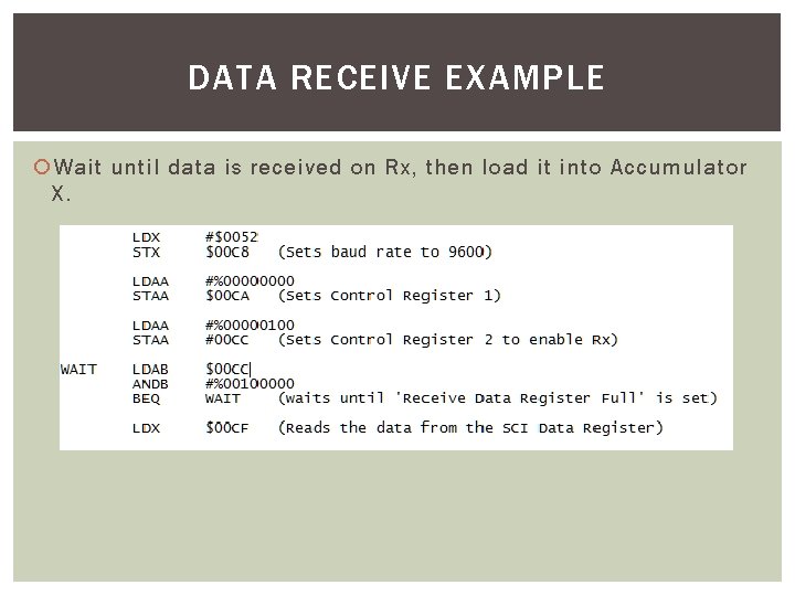 DATA RECEIVE EXAMPLE Wait until data is received on Rx, then load it into