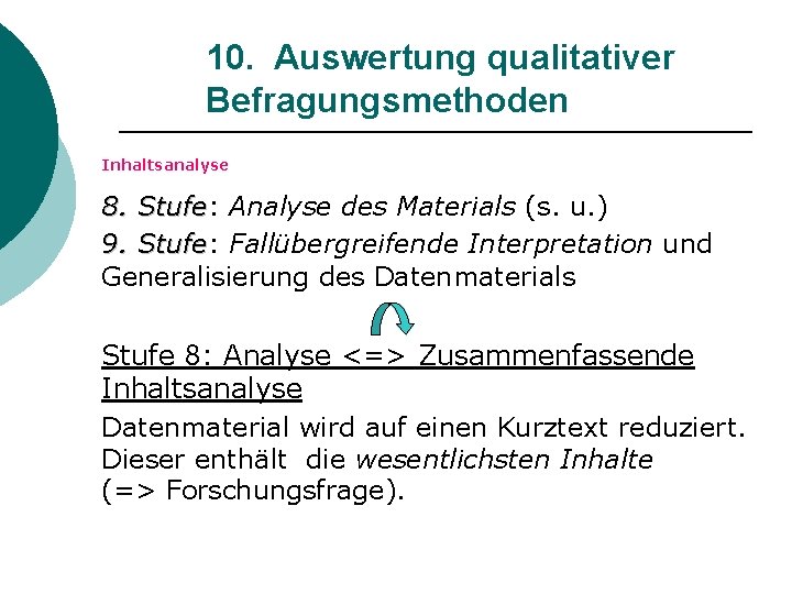 10. Auswertung qualitativer Befragungsmethoden Inhaltsanalyse 8. Stufe: Stufe Analyse des Materials (s. u. )