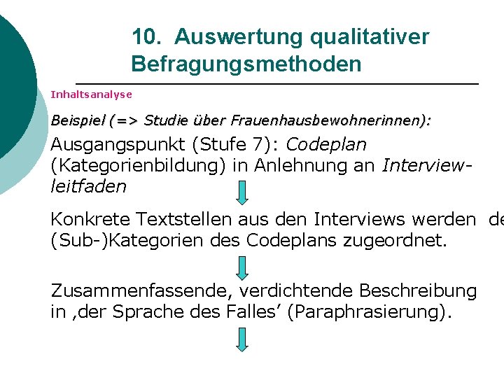 10. Auswertung qualitativer Befragungsmethoden Inhaltsanalyse Beispiel (=> Studie über Frauenhausbewohnerinnen): Ausgangspunkt (Stufe 7): Codeplan