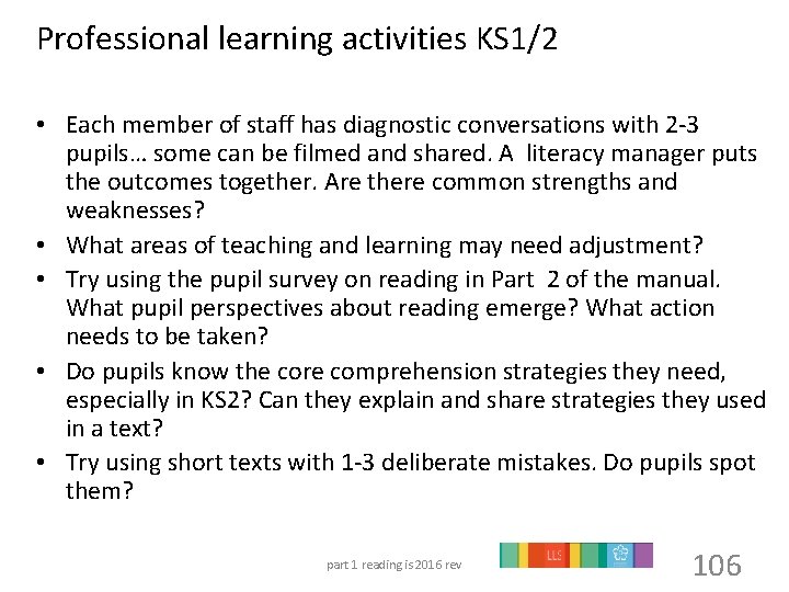 Professional learning activities KS 1/2 • Each member of staff has diagnostic conversations with