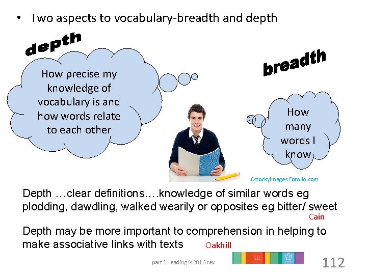  • Two aspects to vocabulary-breadth and depth How precise my knowledge of vocabulary