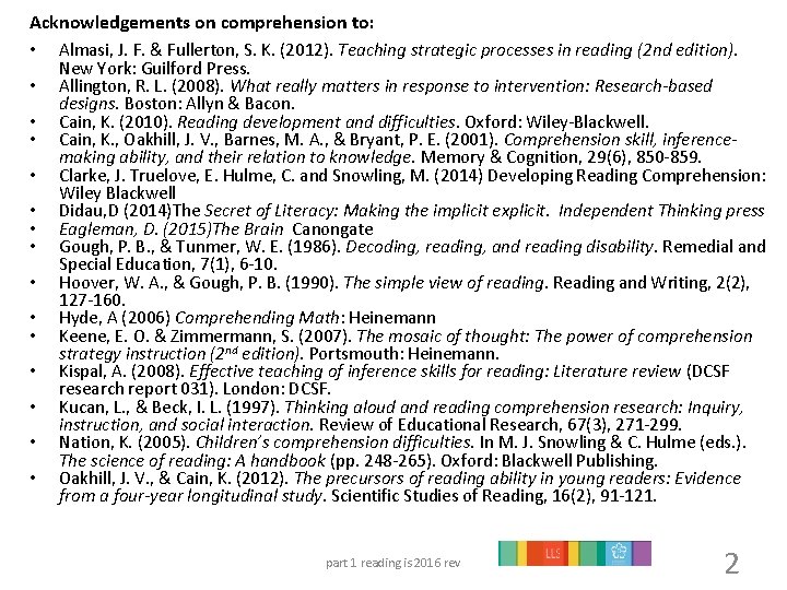 Acknowledgements on comprehension to: • Almasi, J. F. & Fullerton, S. K. (2012). Teaching