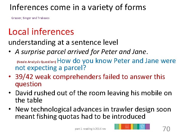 Inferences come in a variety of forms Grasser, Singer and Trabasco Local inferences understanding