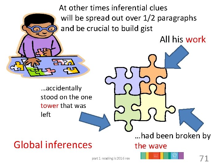 At other times inferential clues will be spread out over 1/2 paragraphs and be