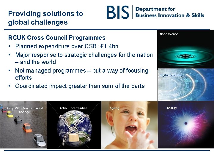 Providing solutions to global challenges RCUK Cross Council Programmes • Planned expenditure over CSR: Providing solutions to global challenges RCUK Cross Council Programmes • Planned expenditure over CSR: