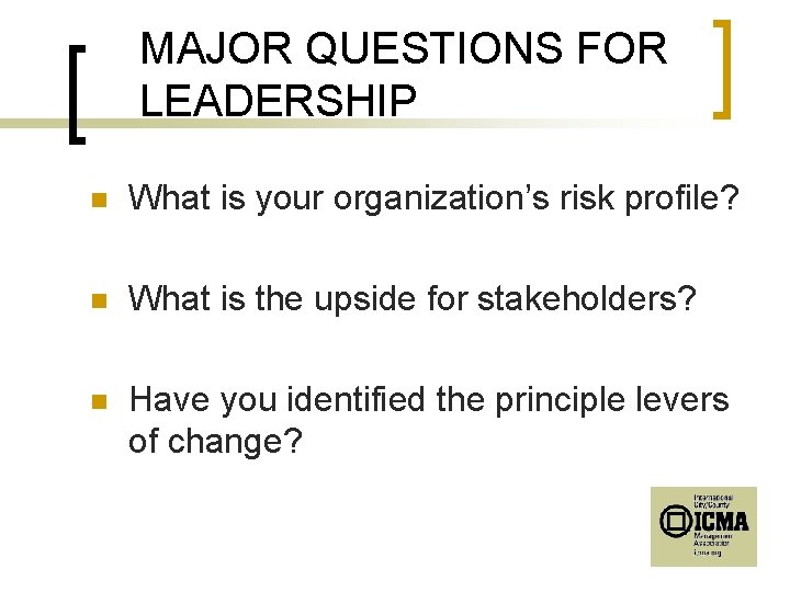 MAJOR QUESTIONS FOR LEADERSHIP n What is your organization’s risk profile? n What is