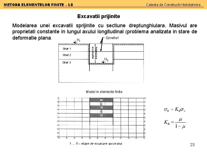 METODA ELEMENTELOR FINITE – L 5 Catedra de Constructii Hidrotehnice Excavatii prijinite Modelarea unei