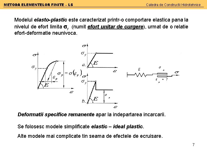 METODA ELEMENTELOR FINITE – L 5 Catedra de Constructii Hidrotehnice Modelul elasto-plastic este caracterizat