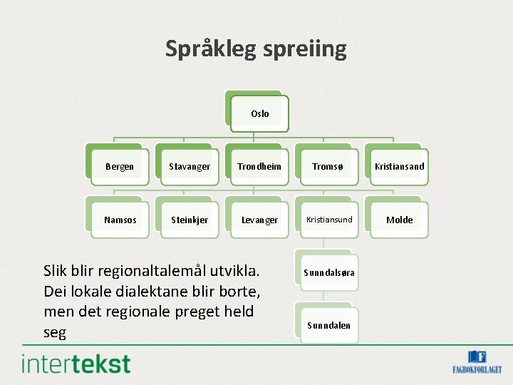 Språkleg spreiing Oslo Bergen Stavanger Trondheim Tromsø Kristiansand Namsos Steinkjer Levanger Kristiansund Molde Slik