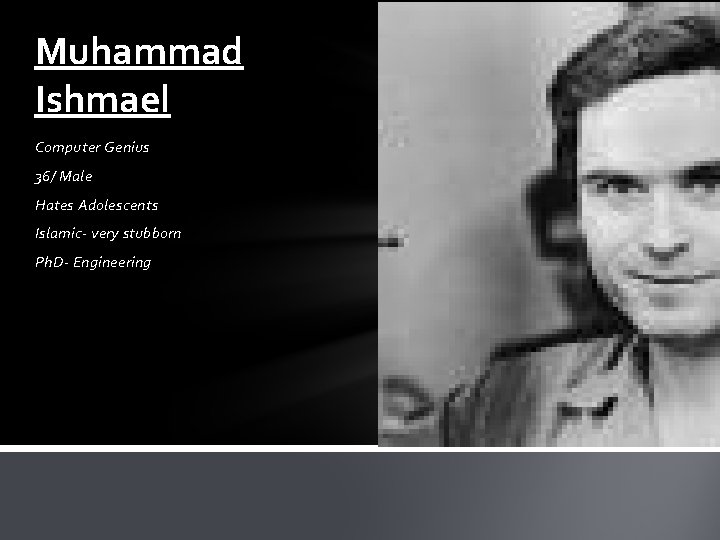 Muhammad Ishmael Computer Genius 36/ Male Hates Adolescents Islamic- very stubborn Ph. D- Engineering