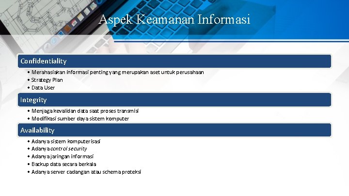 Aspek Keamanan Informasi Confidentiality • Merahasiakan informasi penting yang merupakan aset untuk perusahaan •