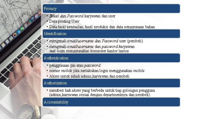 Privacy • Email dan Password karyawan dan user • Data penting User • Data