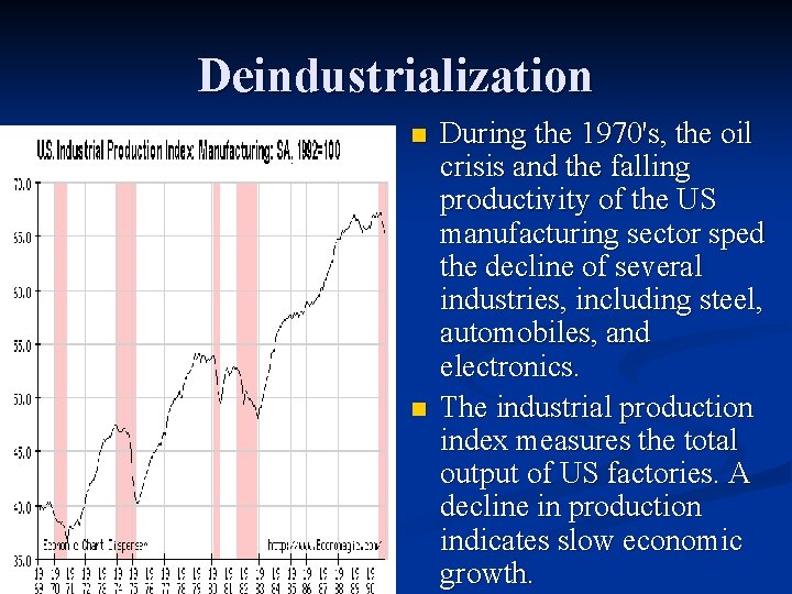 Deindustrialization n n During the 1970's, the oil crisis and the falling productivity of