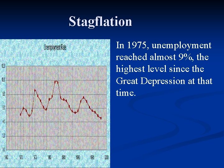 Stagflation In 1975, unemployment reached almost 9%, the highest level since the Great Depression