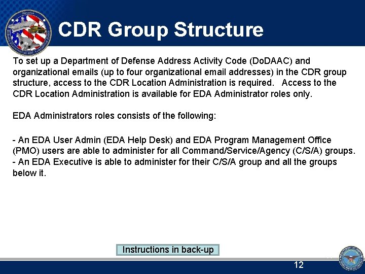 CDR Group Structure To set up a Department of Defense Address Activity Code (Do.