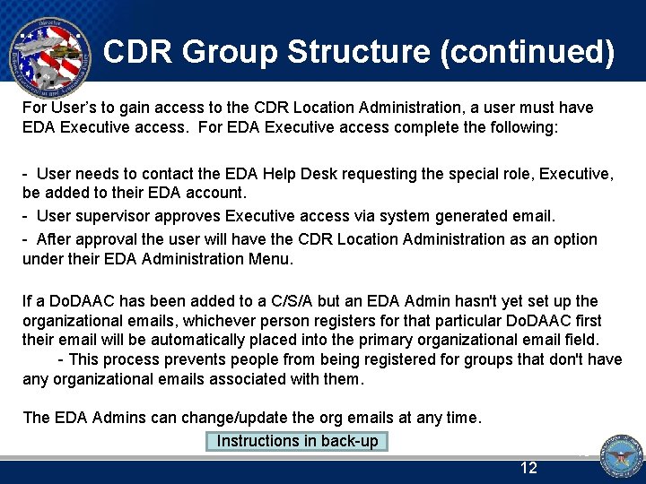 CDR Group Structure (continued) For User’s to gain access to the CDR Location Administration,