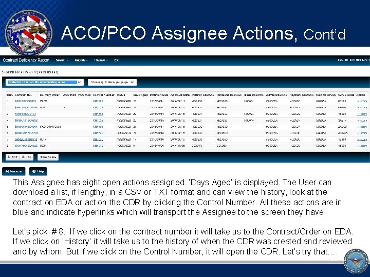 ACO/PCO Assignee Actions, Cont’d This Assignee has eight open actions assigned. ‘Days Aged’ is