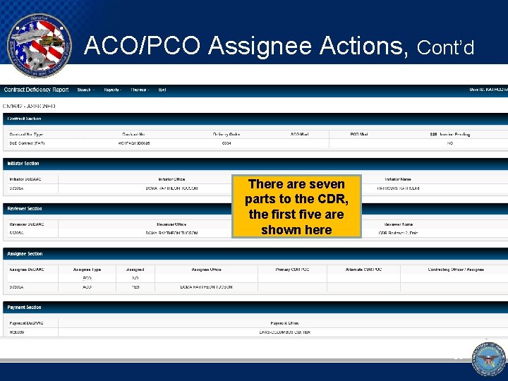 ACO/PCO Assignee Actions, Cont’d There are seven parts to the CDR, the first five