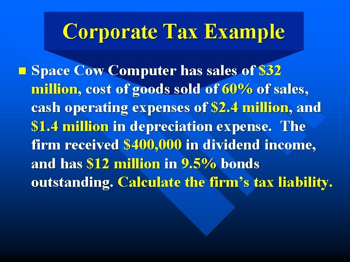 Corporate Tax Example n Space Cow Computer has sales of $32 million, cost of