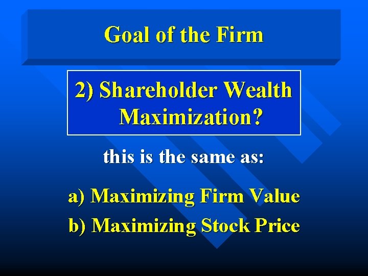 Goal of the Firm 2) Shareholder Wealth Maximization? this is the same as: a)