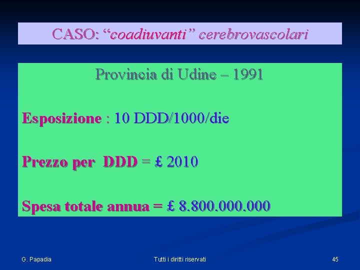 CASO: “coadiuvanti” cerebrovascolari Provincia di Udine – 1991 Esposizione : 10 DDD/1000/die Prezzo per