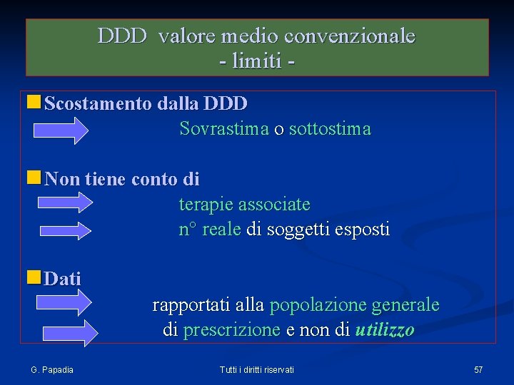 DDD valore medio convenzionale - limiti - n Scostamento dalla DDD Sovrastima o sottostima