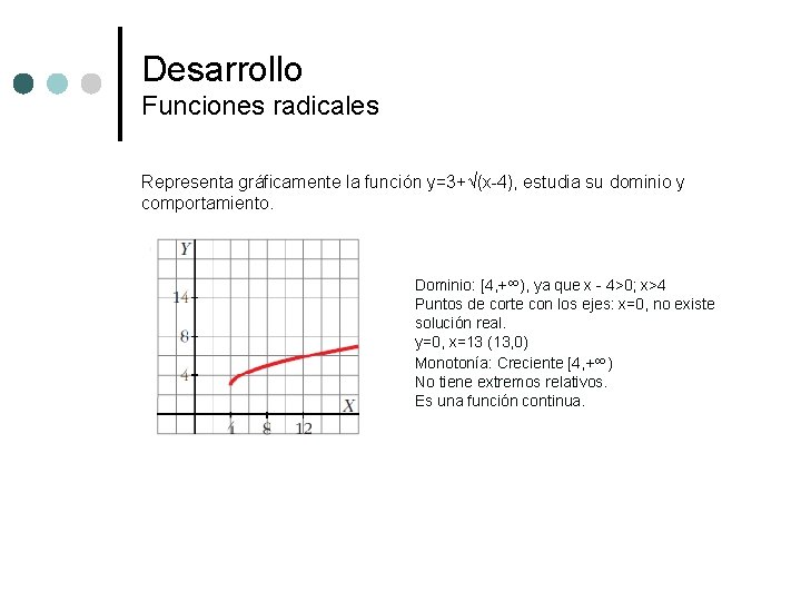 Desarrollo Funciones radicales Representa gráficamente la función y=3+√(x-4), estudia su dominio y comportamiento. Dominio:
