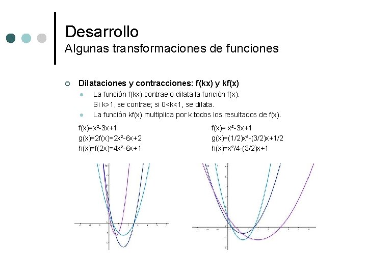 Desarrollo Algunas transformaciones de funciones ¢ Dilataciones y contracciones: f(kx) y kf(x) l l